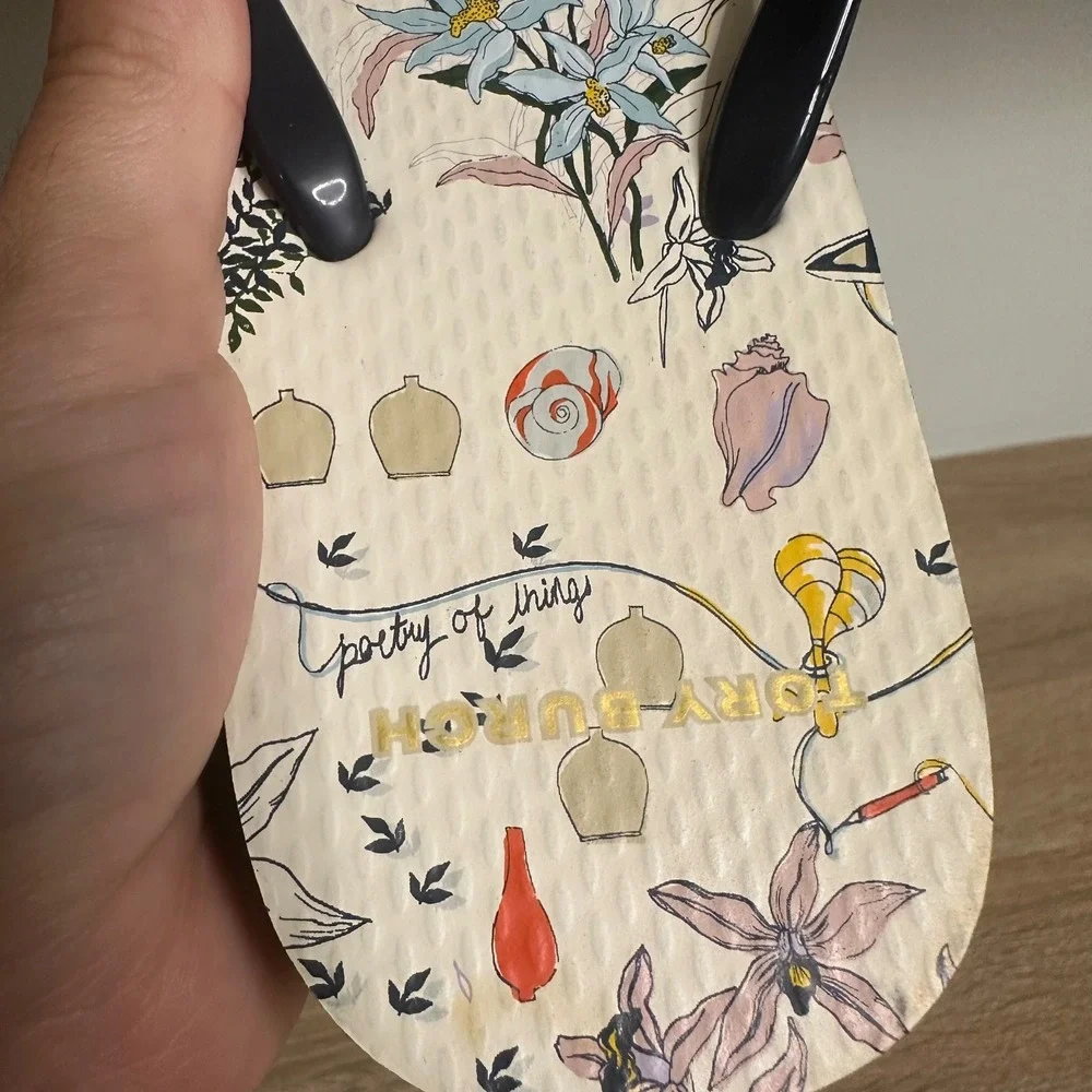 Tory Burch Flip Flops Women US 9 Poetry of Things Floral Logo Thong Sandals NWOT